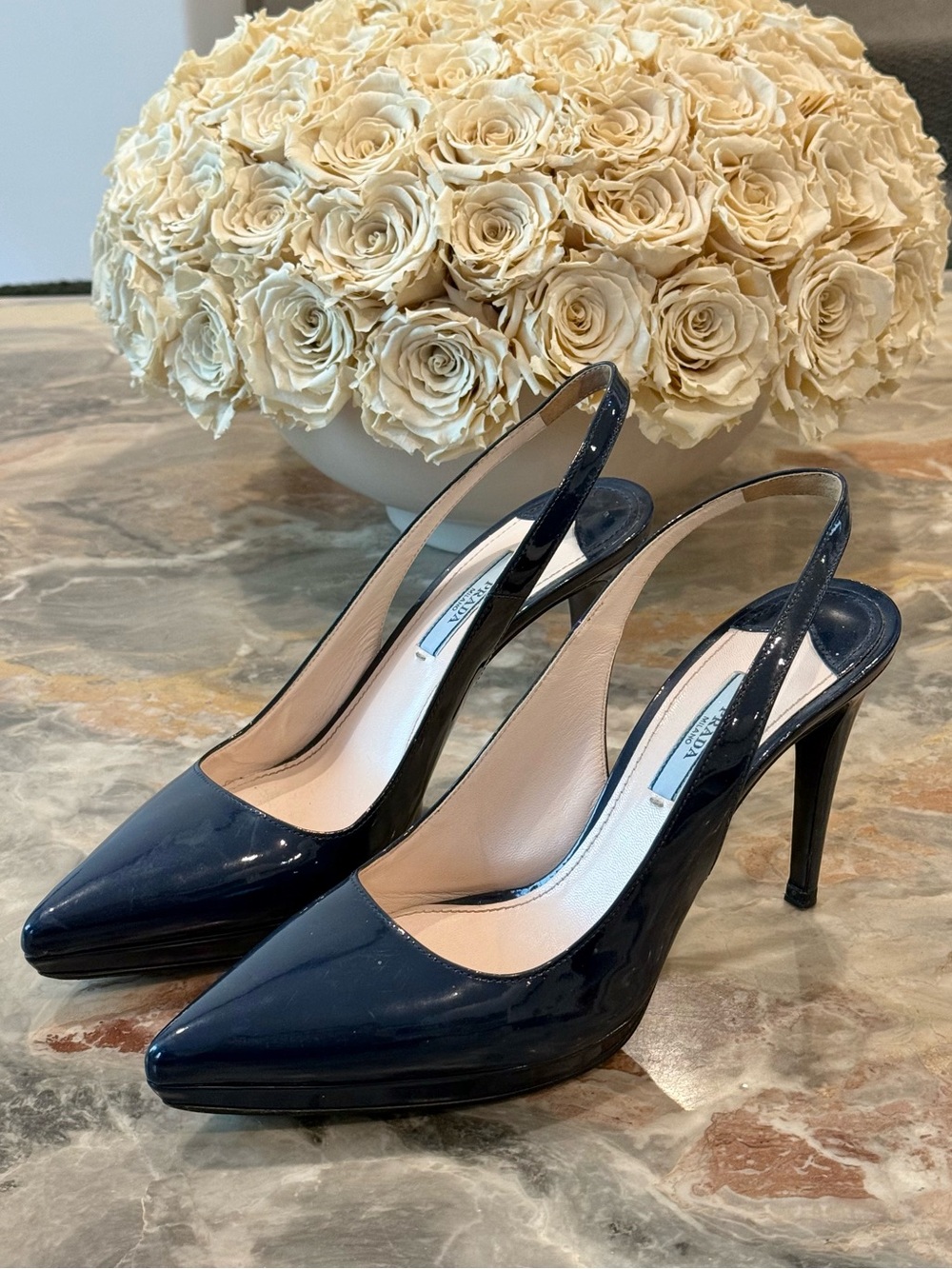 Prada Navy Blue Patent Leather Slingback Pointed Toe Heels EU 39